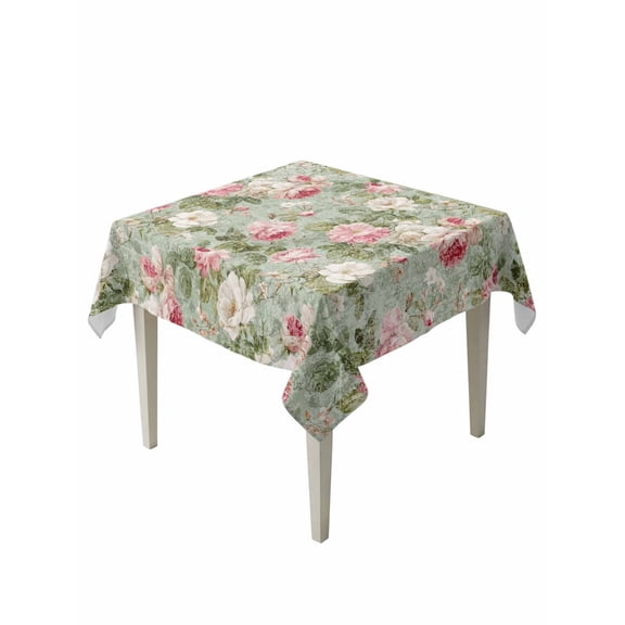White Pink Flower Table Cloth, Waterproof Tablecloth for Square Tables, Shabby Chic Spring Vintage Leaf Green Reusable Washable Fabric Table Cover for Restaurant Kitchen Dining Tables 60"x60"
