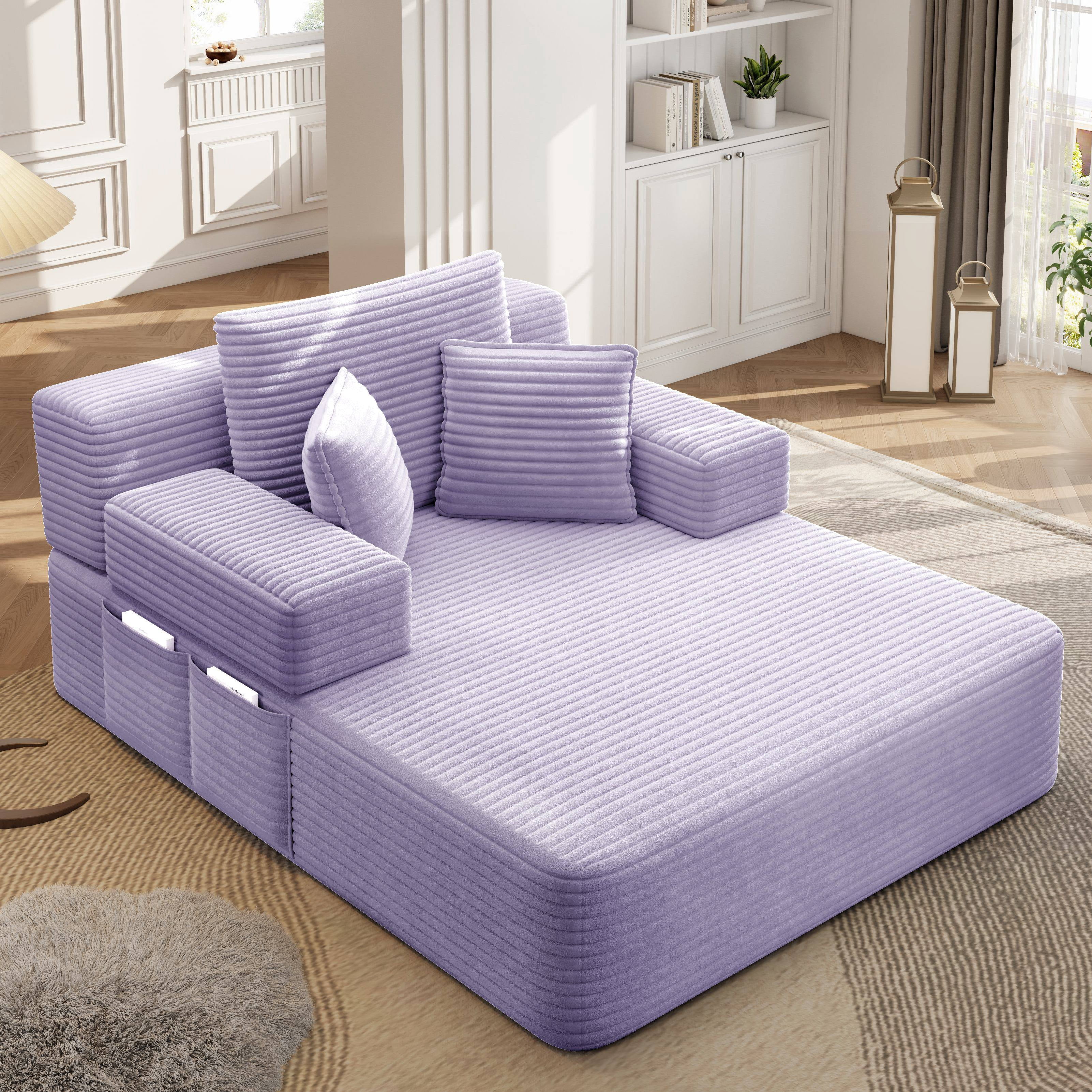 Alvantor Oversized Corduroy Convertible Chaise Lounge Sofa Bed, Purple
