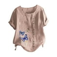 thumbnail image 3 of Fashion Womens Tops Retro Butterfly Print Casual Loose Cotton Linen Short Sleeve Pullover T Shirt Pink, 3 of 3