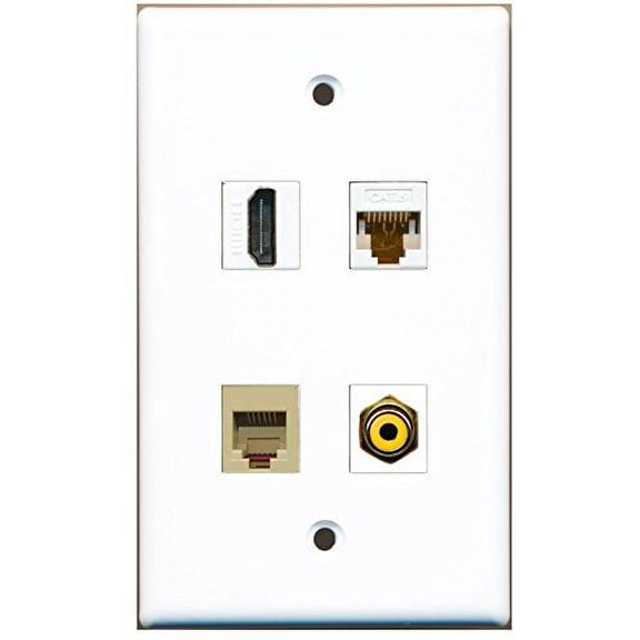 RiteAV - 1 Port HDMI 1 Port RCA Yellow 1 Port Phone RJ11 RJ12 Beige 1 Port Cat6 Ethernet White Wall Plate