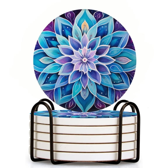 MandalLotus Flower With Pastel Blue And Pink Colors Set of 6 Ceramic Coasters with Holder, Absorbent Drink Bar Coasters, Table Coasters for Living Room Decor Tabletop Protection