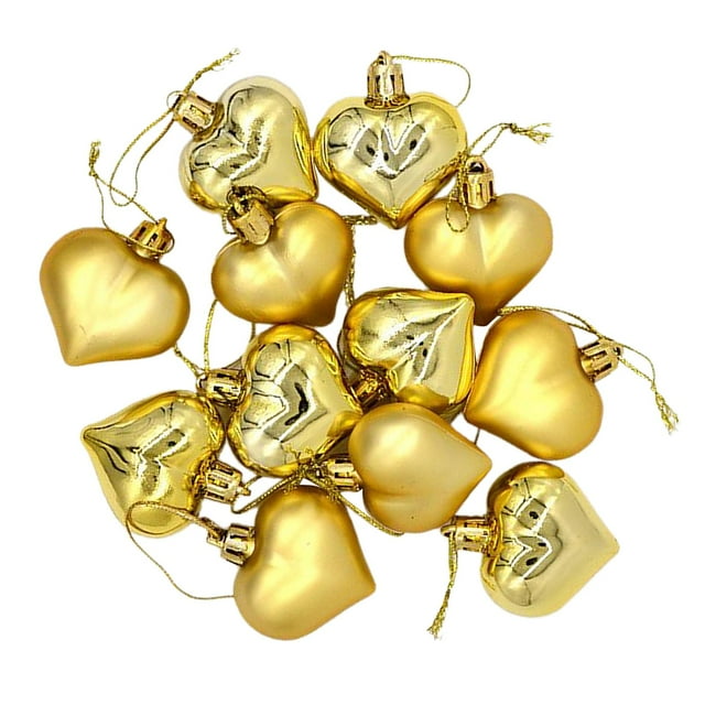 12 piezas de adornos navideños con forma de corazón y purpurina para colgar en el árbol. dorado