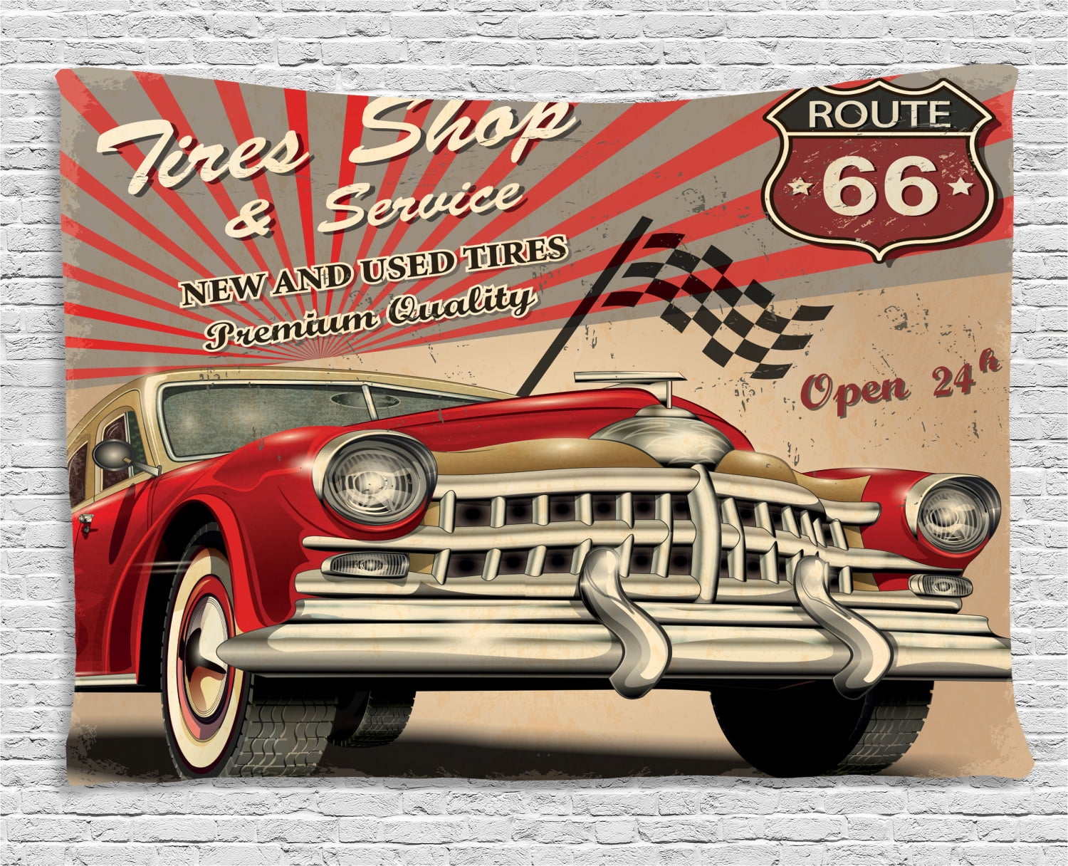 Cars Tapestry, Tires Shop and Service Route 66 Emblem Advertisement ...
