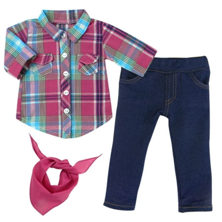 Sophia's Plaid Button-Up Blouse, Denim Jeggings, & Bandana for 18â€ Dolls, Hot Pink