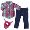 Sophia’s by Teamson Kids Three-Piece Mix & Match Outfit with Plaid Button-Up Long Sleeve Blouse, Blue Denim Jeggings, & Matching Bandana For 18" Dolls, Hot Pink