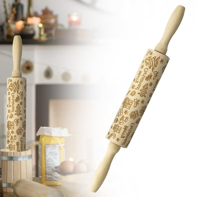 Rolling Pin Tool Wooden Embossing Rolling Pin Embossed Christmas Snowflakes Deer Pattern Kitchen for Baking Cake Fondant Dough Roller,Pastry Rolling Pin,Wooden Rolling Pin,Stainless Steel Rolling Pin