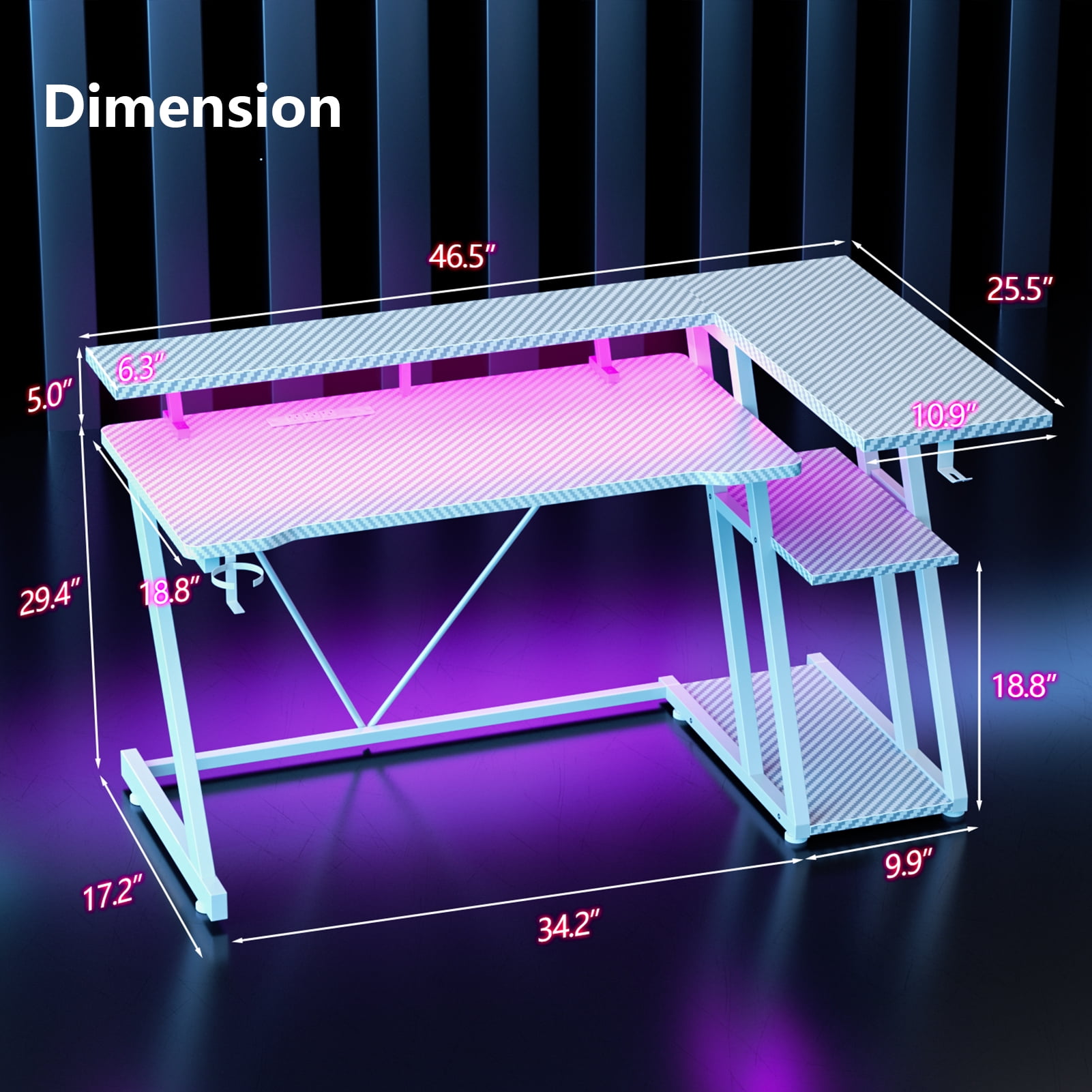 Satifur 47" Pro L-Shaped Gaming Desk White, RGB LED, Power Hub & Monitor Riser for Ultimate Setup