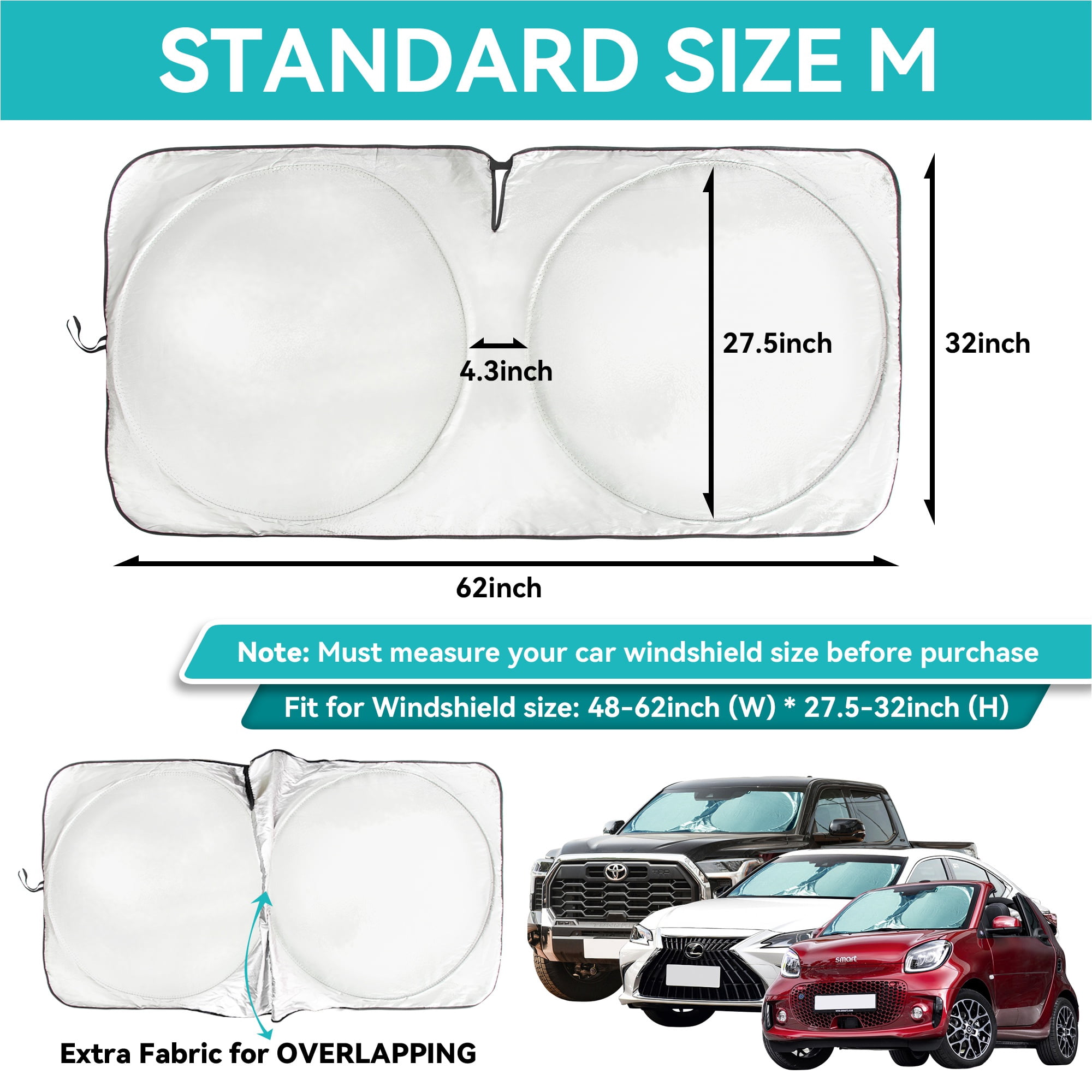 Ray Star Windshield Sun Shade 62''x32''Reflective 240T Thickest Polyester Car Sun Visor with Mirror Cut-Out for Car Sun Visor Protector Blocks 99% UV Rays to Keep Your Vehicle