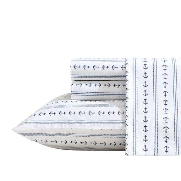 Nautica Anchor Lines 100% Cotton Percale 3-Piece Sheet Set, Twin, Blue
