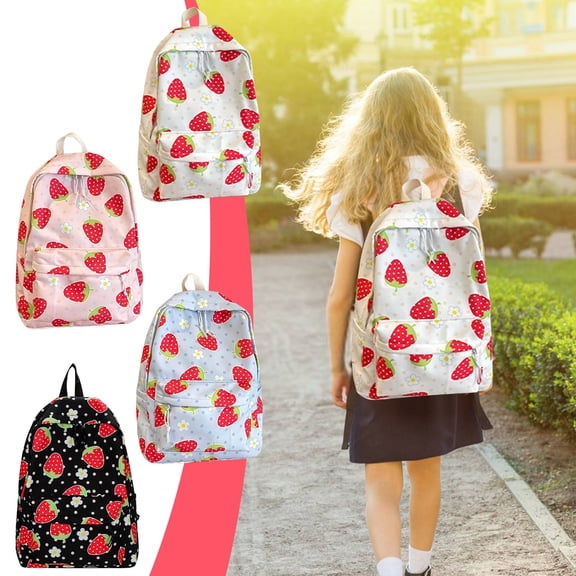 UALSRZL Strawberry Backpack for Girls, Cute Canvas School Bookbag with Padded Straps, Lightweight Daypack for Elementary Junior High Students