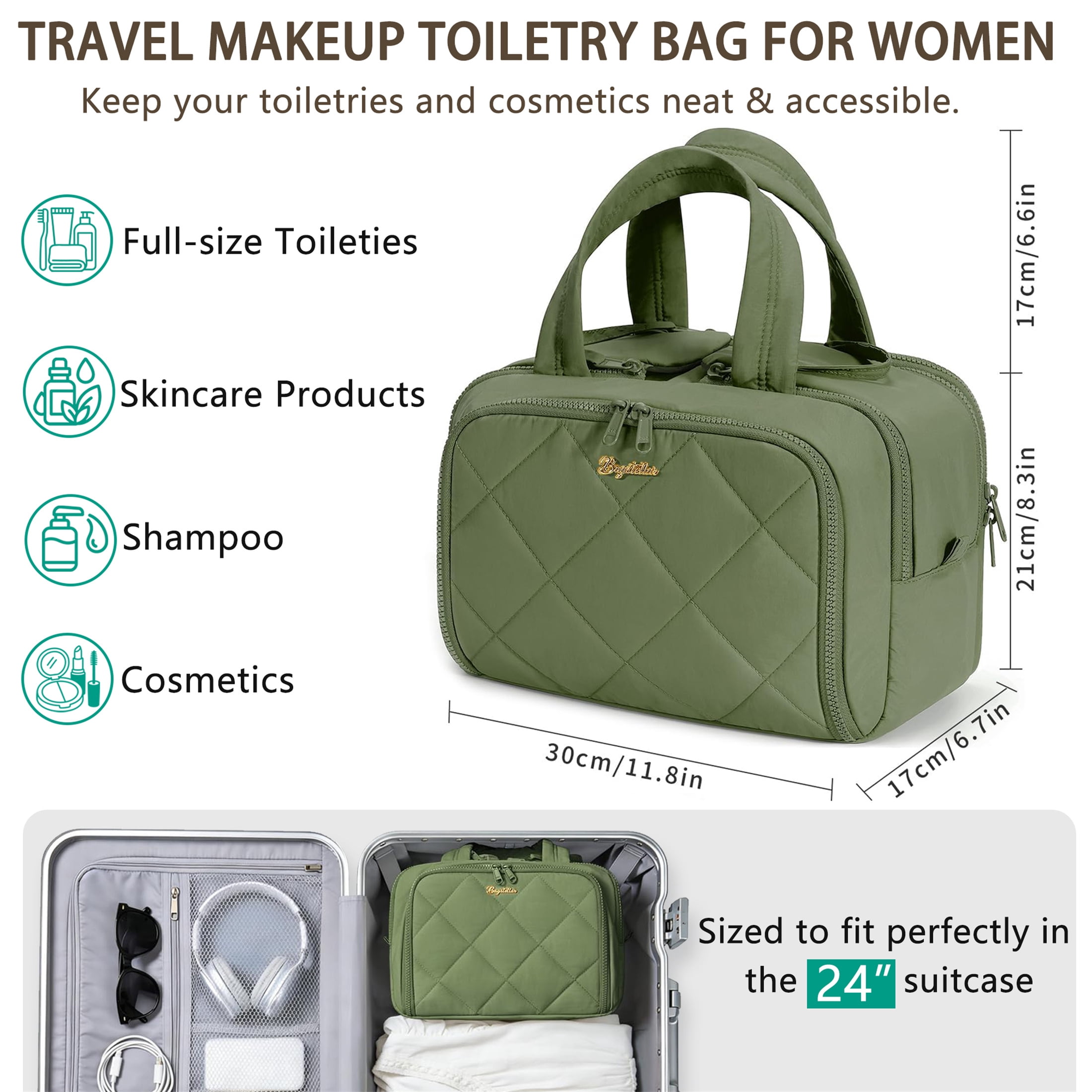 Puffy Travel Toiletry Bag for Women, Wide-Open Cosmetic Makeup Bag Organizer with Handle, Lightweight Quilted Travel Bag for Accessories, Essentials, Toiletries, Green