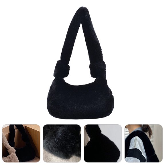 ETEREAUTY Black Plush Tote Bag Shoulder Pouch Ideal for Travel, Work, and Everyday Use
