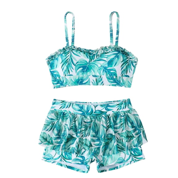 Girls Swimsuit Two Piece With Ruffle Sleeveless Top Skirted Bottom Kids Swimwear Outfits Size 9-10 Years