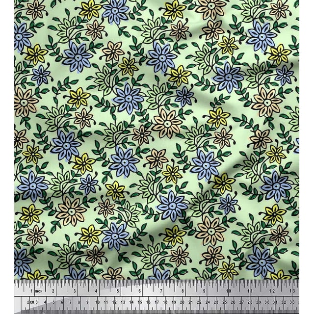 Soimoi Satin Silk Fabric Leaves & Floral Block Fabric Prints by Yard 42 Inch Wide