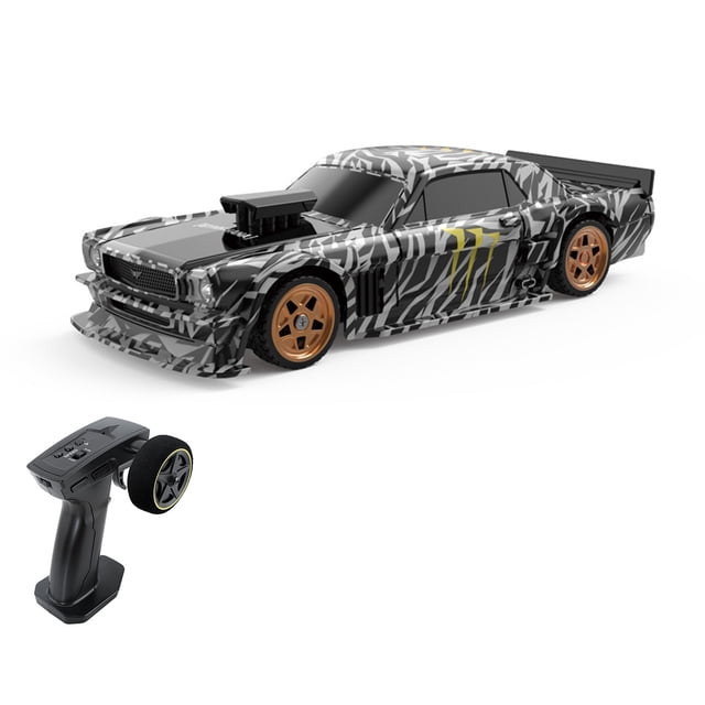 Remote car, Drift Car Remote Car Turn Left Car 1/43 with Turn Left Turn Drift. A 1/43 scale RC drift car with a black and white zebra-striped design, gold wheels, and a simulated lighting system for enhanced visibility. Features a 2.4GHz remote controller for precise forward, backward, left, right, and drifting movements. Made with ABS and PVC materials, it includes a brushed motor and a rechargeable 3.7V 200mAh battery. The package includes the car, remote controller, battery, Type-C charging cable, user manual, 8 roadblocks, and 4 replaceable drift wheels. Ideal for flat and dry terrain. Dimensions: 11 x 4.4 x 3.2 cm.