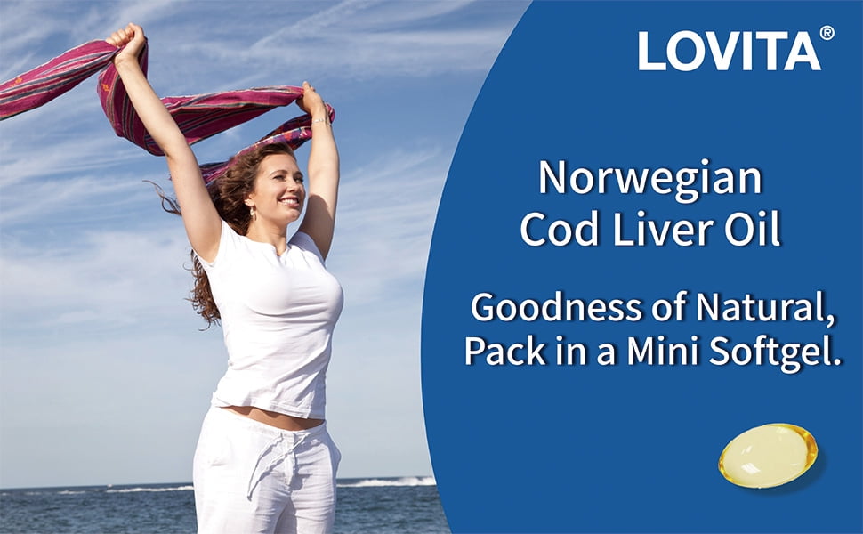 Lovita Natural Norwegian Cod Liver Oil 400mg, High Absorption TG Form, Omega-3 DHA & EPA with Vitamin A & D, Easy-to-Swallow, Non-Fishy, 90 Mini Softgels (Pack of 3)