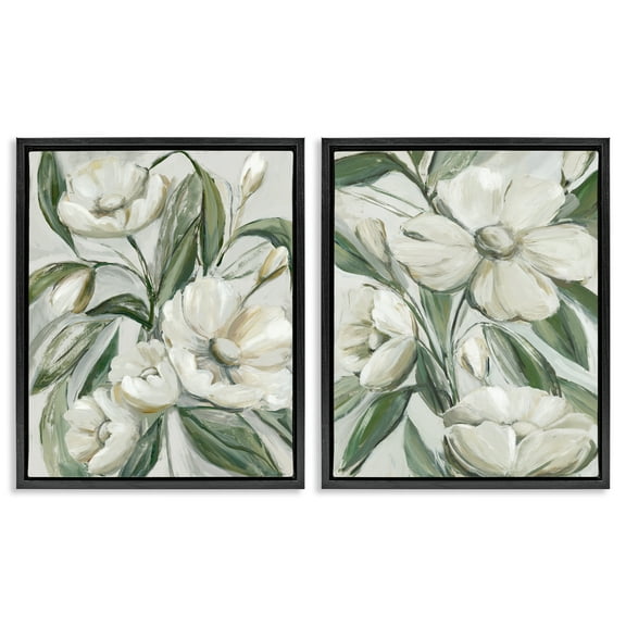 Stupell Industries White Blossoms & Leaves Plants & Flowers Painting Black Floater Framed Canvas Art Print Wall Art, 17 x 21, Set of 2