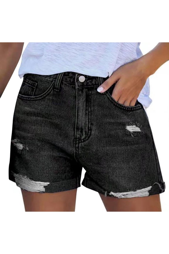 Denim Shorts Women, Women's Ripped Pocket Jeans with Rolled Edge Casual Shorts Plus Size Shorts Black L