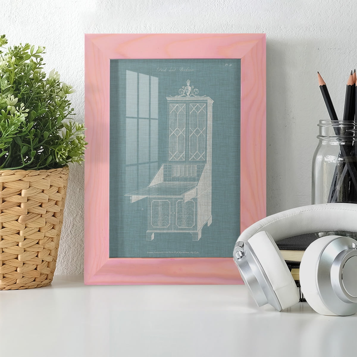 Hepplewhite Desk & Bookcase IV - Framed Print w/glass - Sunset Pink