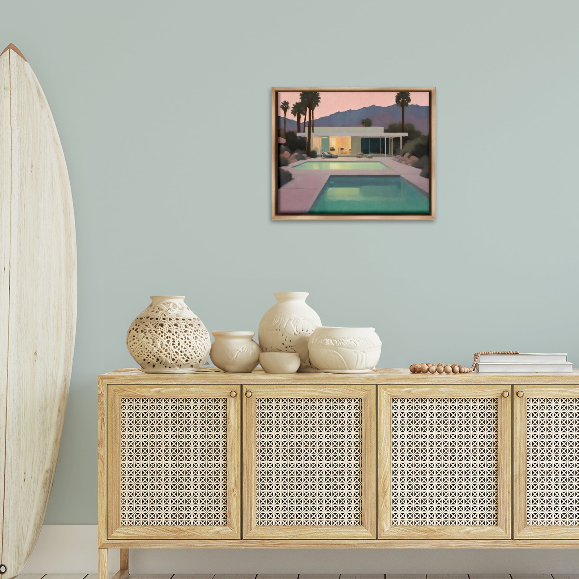 Stupell Industries Tranquil Pool at Sunset Landscape & Nature Painting Brown Floater Framed Canvas Art Print Wall Art, 21 x 17