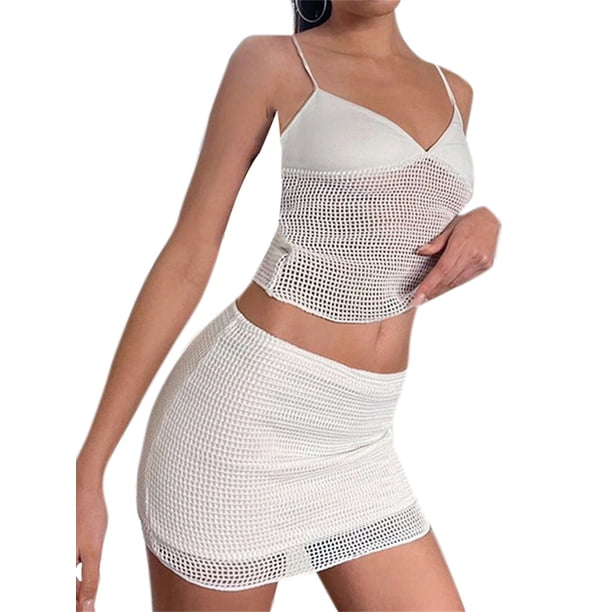 Sunloudy Blusas cortas para mujer, traje de medio vestido de malla, camisa recortada con cuello en V, falda recortada informal de cintura alta para la calle Sunloudy moda