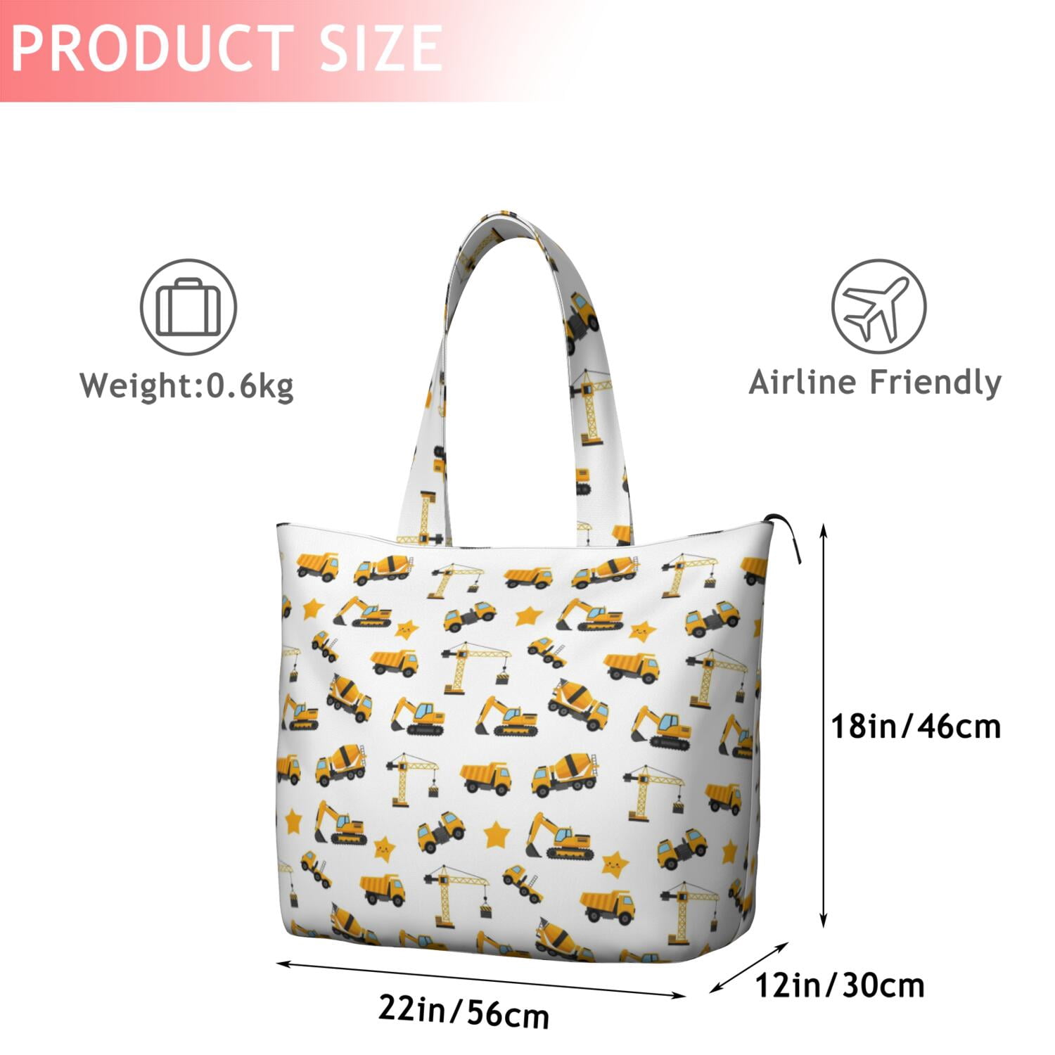 Cartoon Construction Vehicles Stars White Pattern Travel Tote Bags for Women Carry On,Large Weekender Bags for Women Travel,Multi Functional Duffle Bag for Work,Shopping,Sports