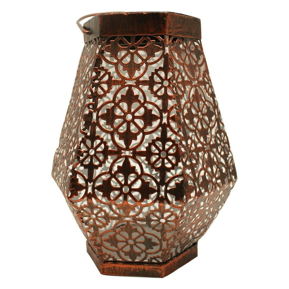 Farol solar para exterior, estilo hexagonal, juego de 1 lámpara LED marroquí, decoración de jardín, faroles para terraza y balcón, metal color cobre