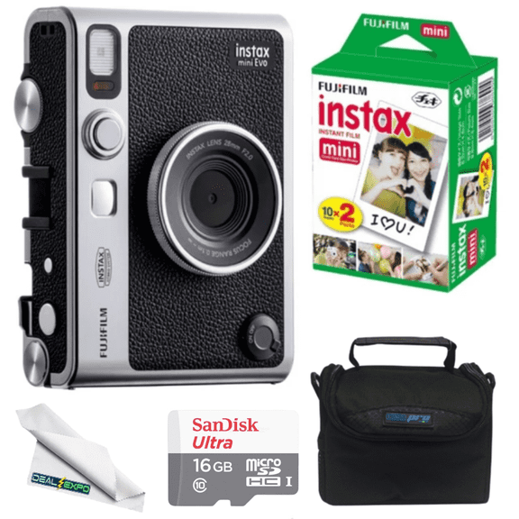 Fujifilm Instax Mini EVO Hybrid Black Instant Camera - DealExpo Bundle | Instax Mini Twin Pack Instant Film | 16GB microSD Card with Adapter | Black Camera Case