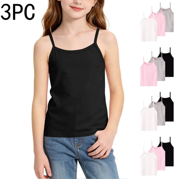 akafmk 3-Pack Girls Undershirts Camisole Spaghetti Straps Crew Neck Sleeveless Relaxed Daily Dance Tank Tops 1-12 Years