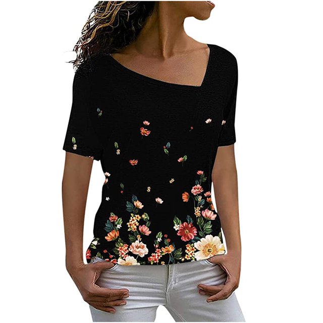 Moda mujer Casual pantalones cortos manga cuello sesgado impreso señoras Tops blusa Pompotops ulkah936787