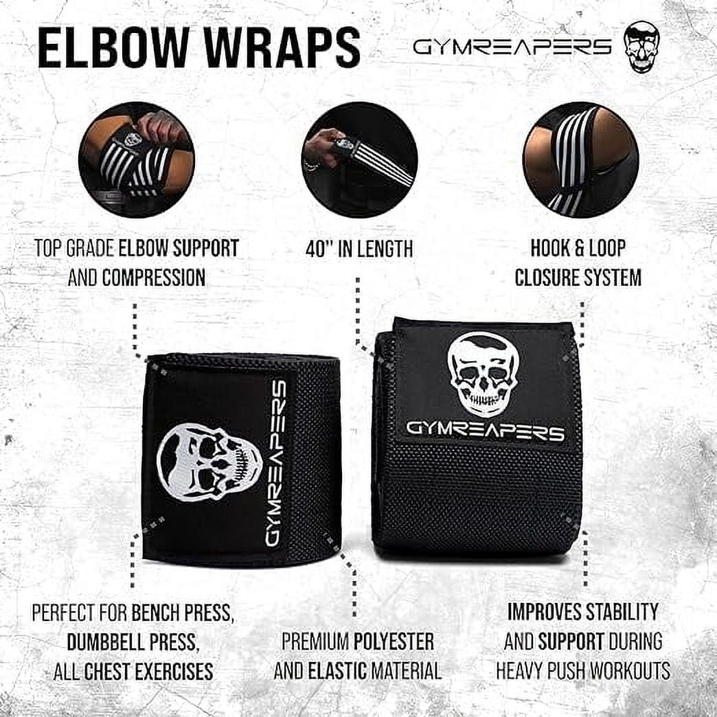 Gymreapers Weightlifting Elbow Wraps (1 Pair) - Flexible 40'' Elbow Compression Strap & Joint Support Brace - For Bench Press, Powerlifting, and Pressing