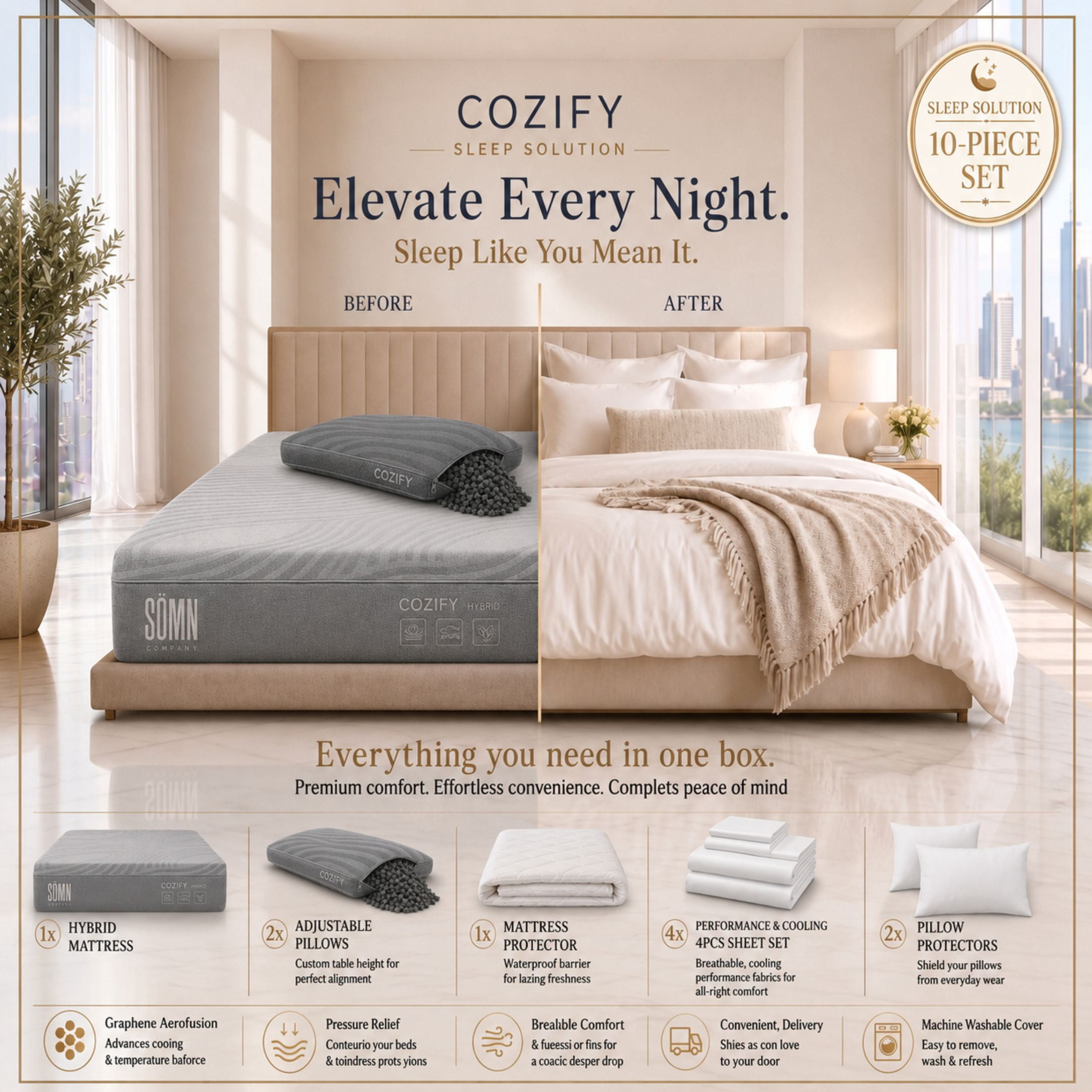 Sömn Company Cozify 12" Graphene Cooling Hybrid Mattress in a Box, Twin, 7-Piece Set