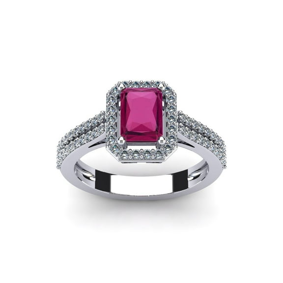 SuperJeweler 1 1/2 Carat Octagon Shape Created Ruby and Halo Diamond Ring In Sterling Silver For Women