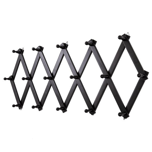 Perchero de pared con forma de acordeón SCUNDA con 16 ganchos, madera, color negro