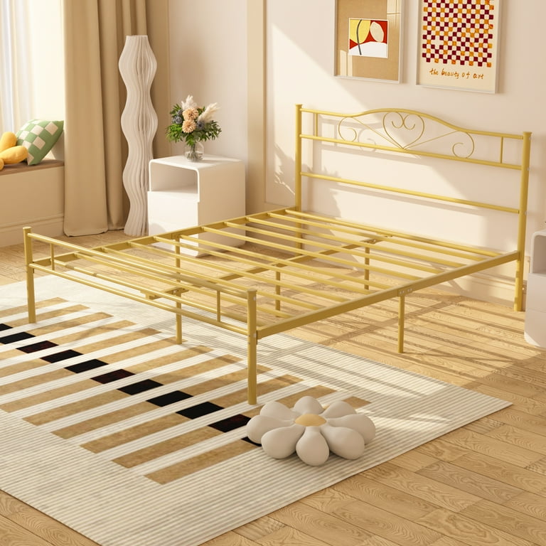 VECELO Queen Metal Bed Frame with Victorian Style Headboard and Footboard Modern Heavy Duty Platform Bed Frame with Metal Slats Support No Box