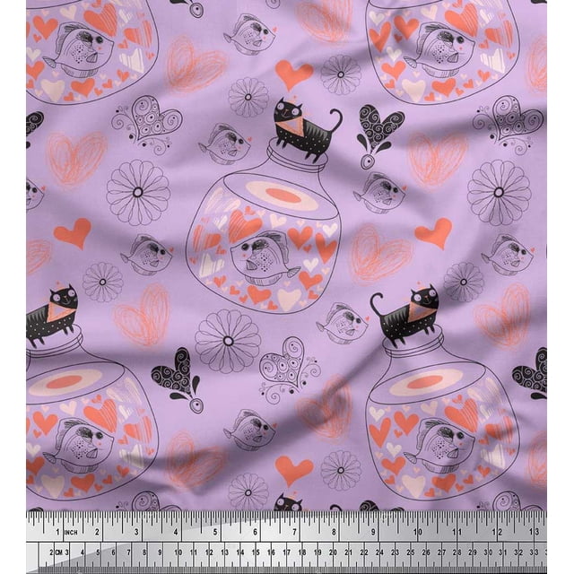Soimoi Velvet Fabric Floral,Pot & Cat Kids Decor Fabric Printed Yard 58 Inch Wide