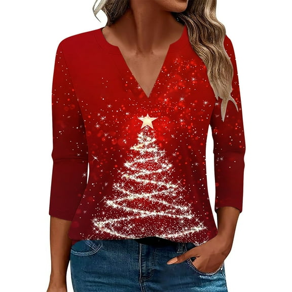 LiMoi Women's V Neck Ugly Sweater Style Shirt 3/4 Sleeve with Christmas Tree Pattern Tees Tshirts Tops Blouse My Items