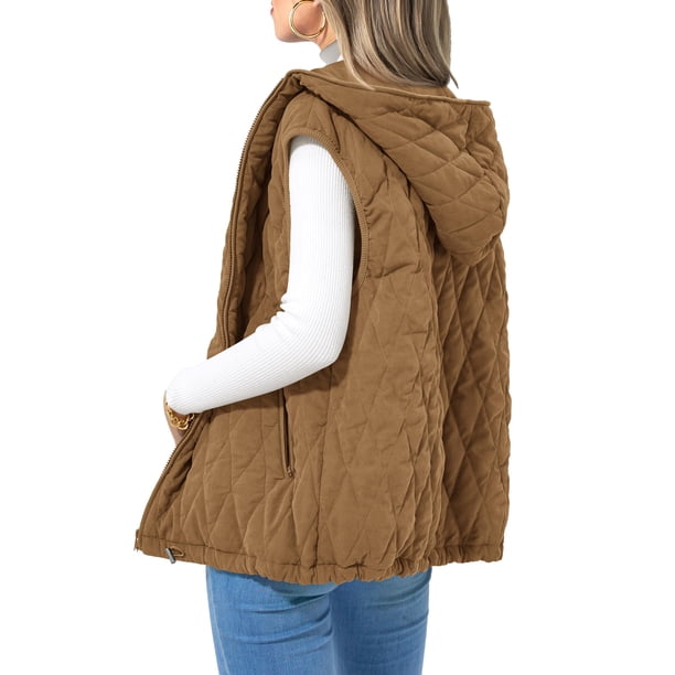 Chaleco PRETTYGARDEN 2025 sin mangas con capucha y cierre camel Talle S