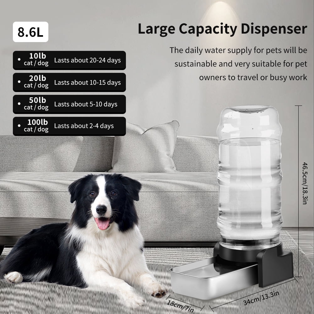 Marchul 2.3 Gallon Automatic Pet Waterer, Gravity Stainless Steel with 3 Replacement Filters for Dogs, 100% BPA Free, Large Capacity, 8.6L