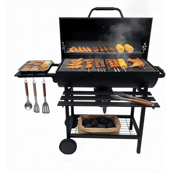 KOBENDA 29" Barrel Charcoal Grill with Foldable Side Table & Removable Ashtray for Backyard, Black