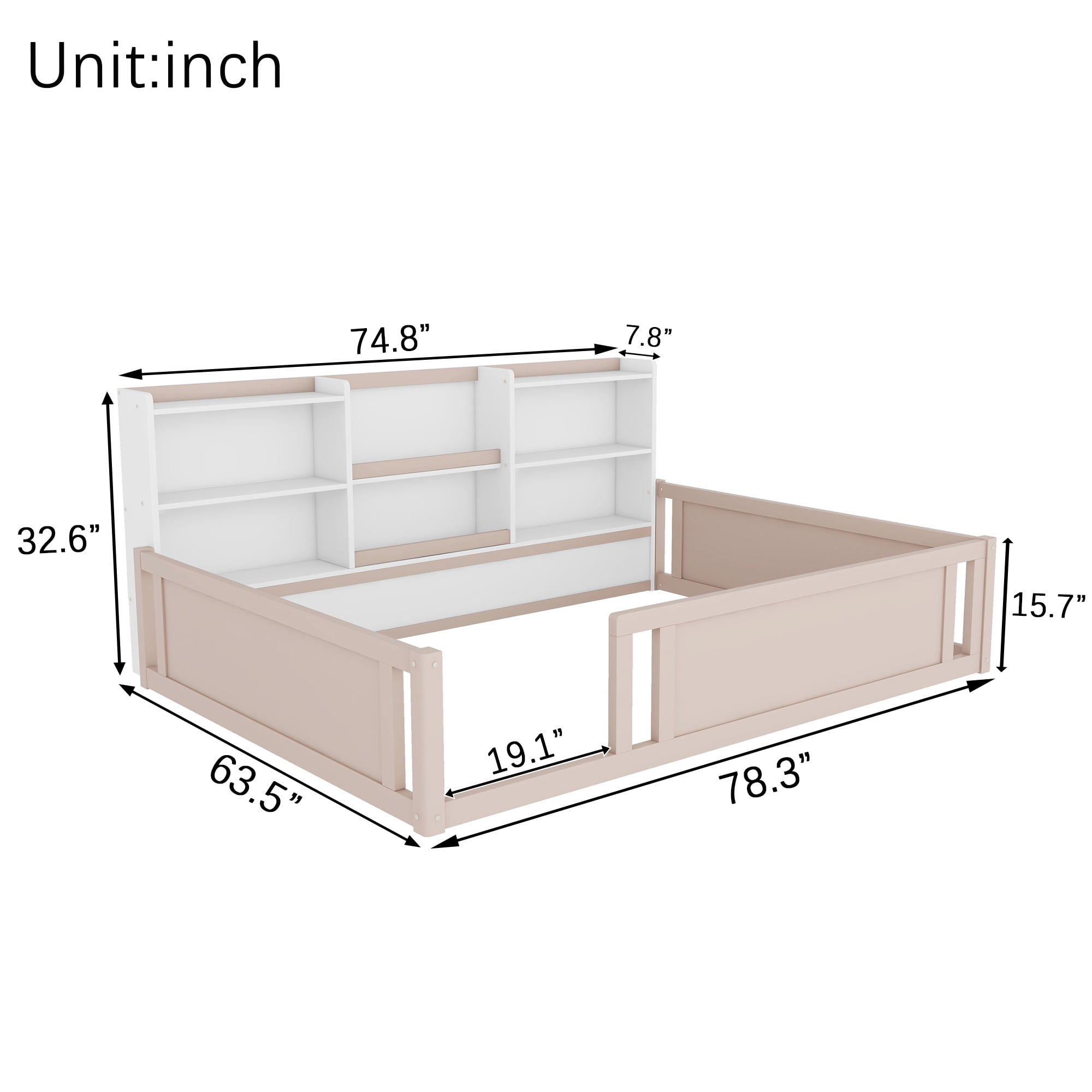 Mintazer Full Size Montessori Floor Bed with Bookcase Headboard & Guardrails, Kids Platform Bed Frame with 6 Cubby Storage Shelves for Bedroom, White & Natural