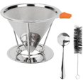 thumbnail image 1 of Pour Over Coffee Dripper, Stainless Steel Reusable Coffee Filter Slow Drip Paperless Coffee Strainer 1-4 Cup Metal Cone Coffee Maker Holder with Removable Cup Stand, Spoon, Brush (Silver), 1 of 7