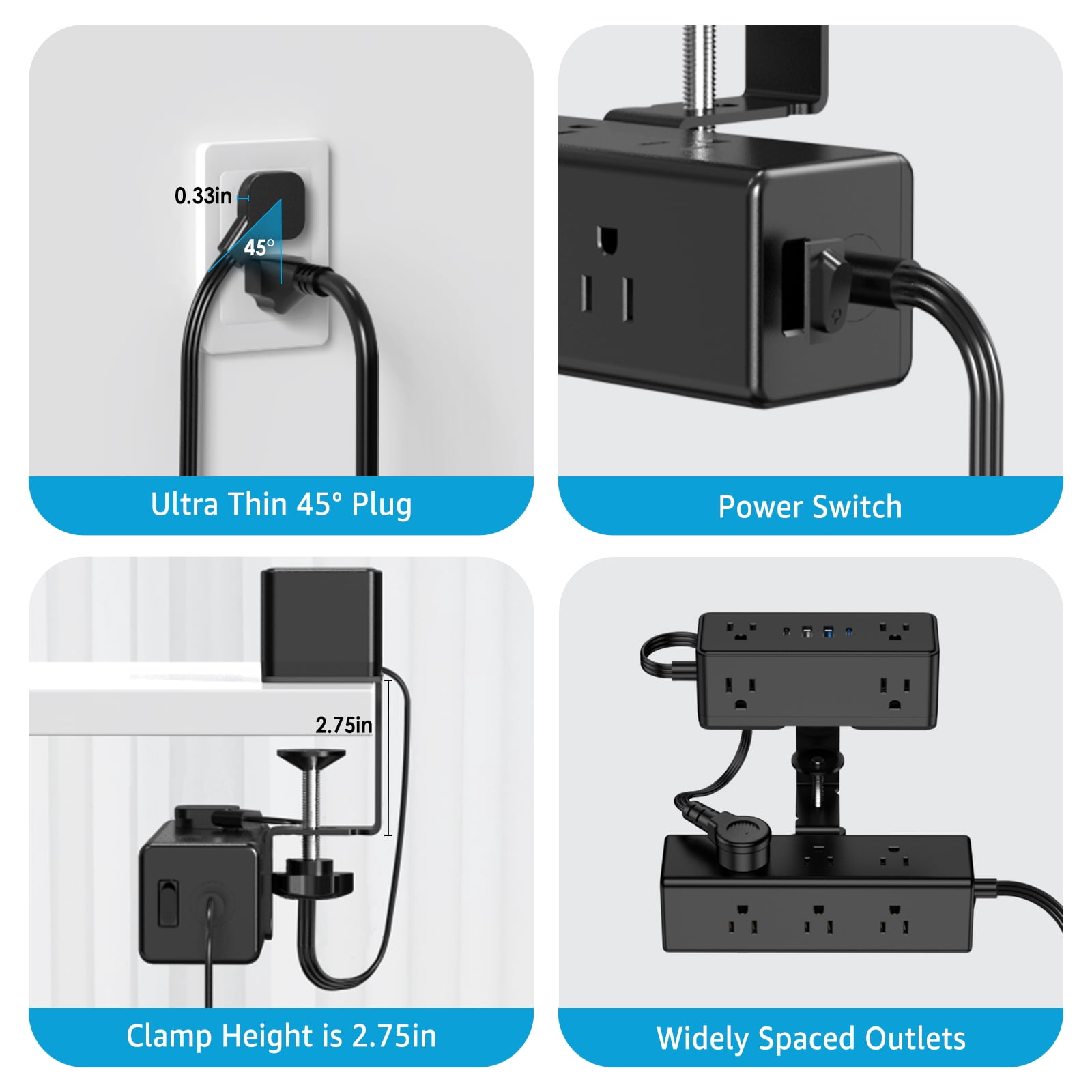 VILONG Desk Clamp Power Strip with 2 USB-c & 2 USB-a,15-Outlet Surge Protector, Edge Mount Design,5ft Extension Cord for Desktop(ETL Certified, Black)