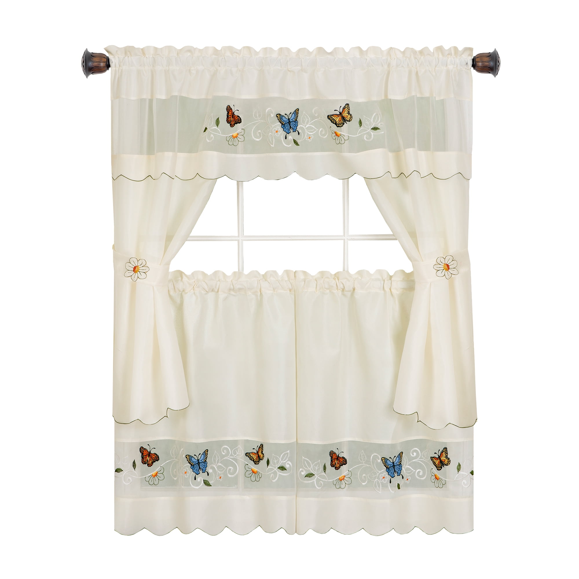 Kitchen Curtain 3Piece Linen Set with 2 Tiers & 1 Tailored Valance-Assorted-NEW 