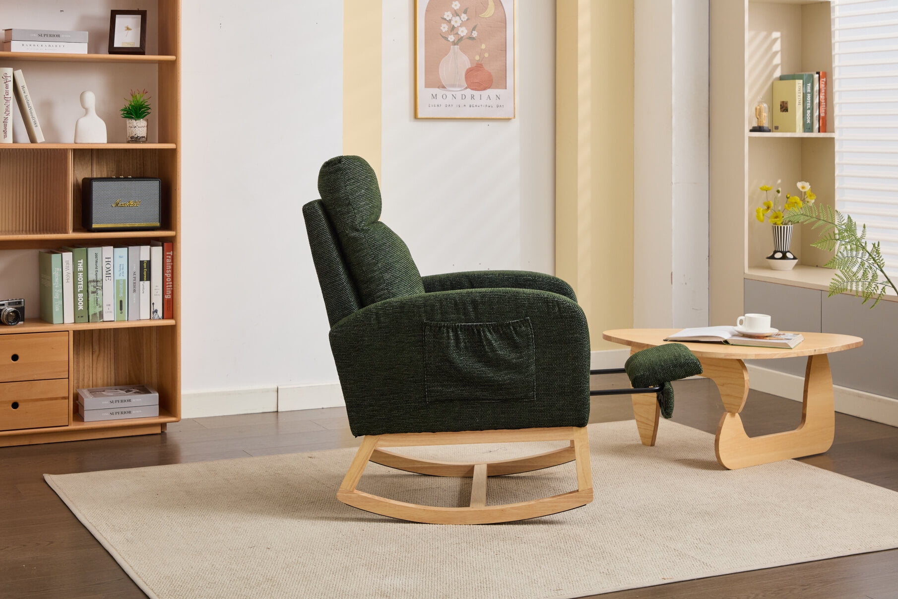 Modern Rocking Chair with Solid Wood Frame & High-Density Cushioning, Nursery Glider with Side Pocket, Breathable Fabric Lounge Armchair for Living Room Comfort & Baby Nurture