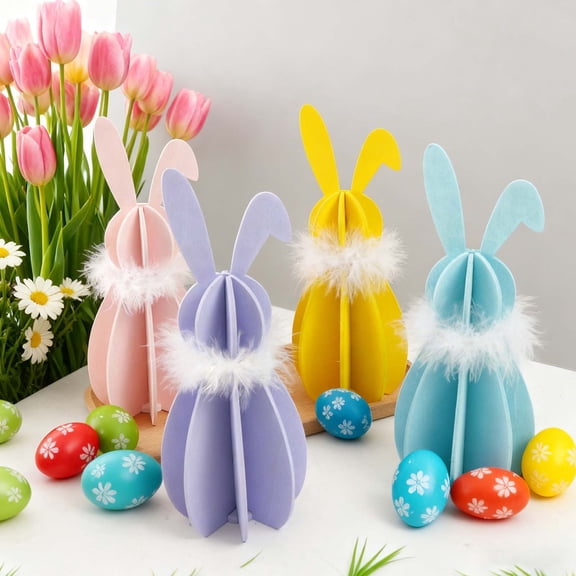 Sruoe Yellow DIY Wooden Easter Bunny Figurine, 3D Assembly Rabbit with White Feather Trim, Easter Decorations for Home Tabletop Ornament Spring Farmhouse Gift for Kids Craft