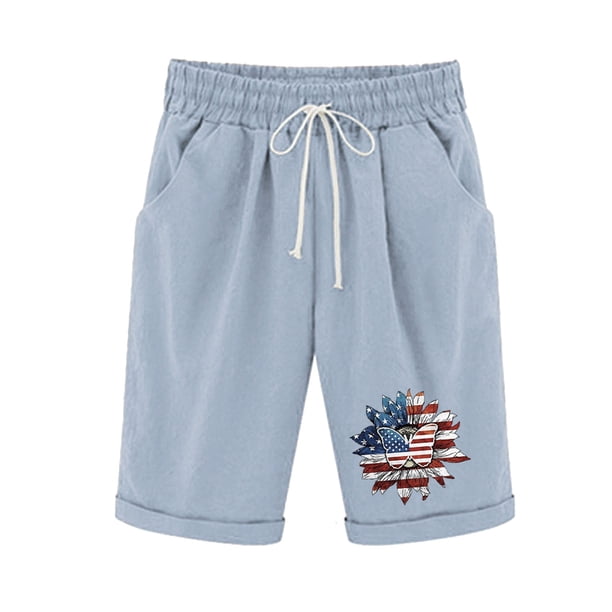 Pantalones Cortos Casuales para Mujer Día de la Independencia Impreso Elástico de la Cintura, Pantalones Cortos de Verano para Mujeres