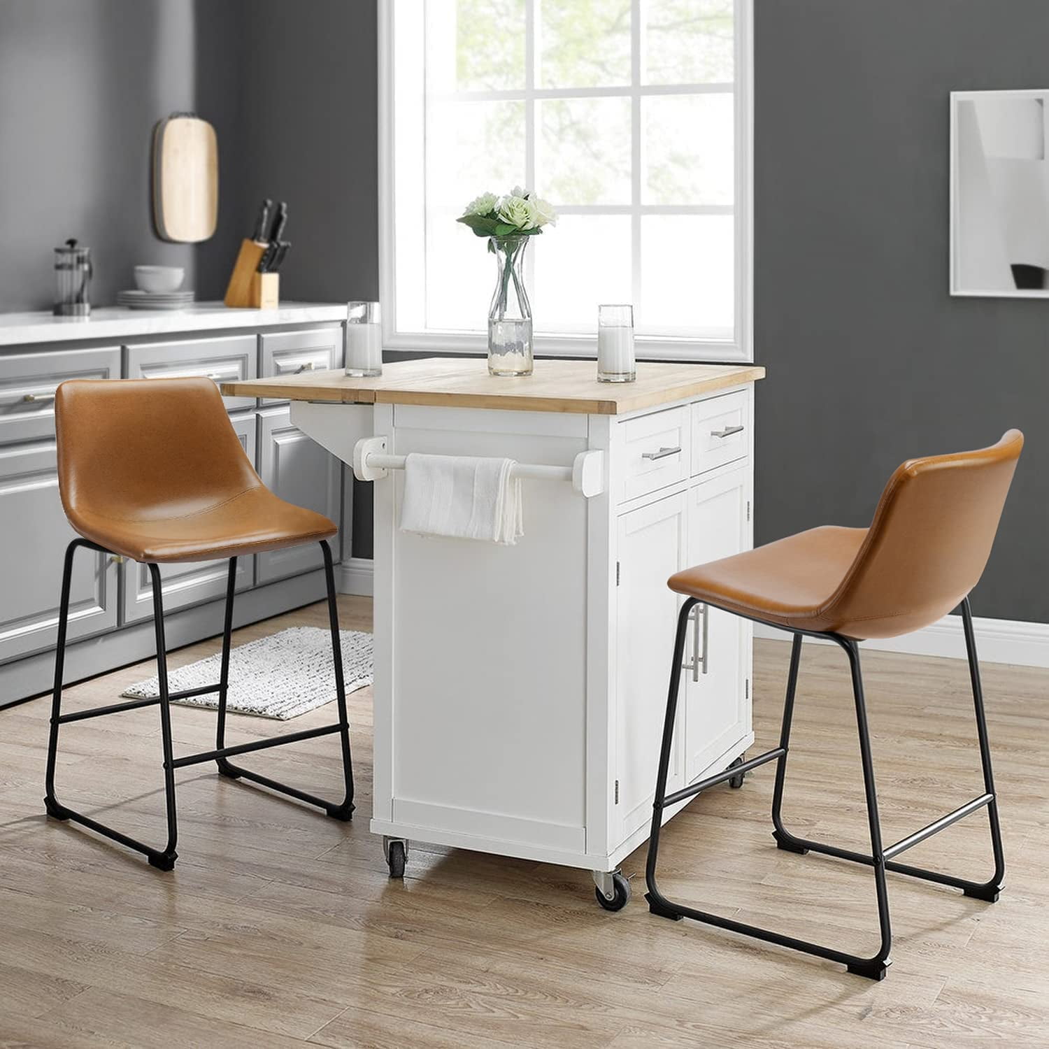 Waleaf 26 inch Bar Stools Set of 2,Counter Height Bar Stools with Back, Modern PU Leather Stools with Metal Leg and Footrest