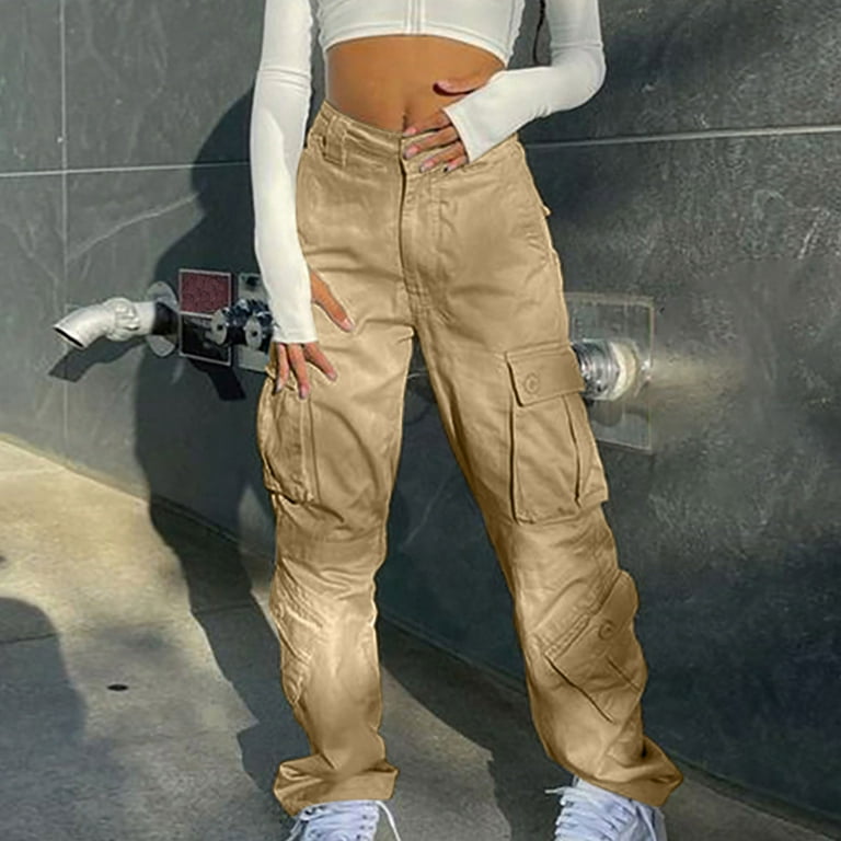 YWDJ Cargo Pants Women Baggy Plus Size Women Street Style Fashion Design  Sense Multi Pocket Overalls Drawstring Elastic Low Waist Sports Pants Khaki  S