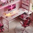thumbnail image 3 of Bestier L Shaped Gaming Desk with LED Lights & Power Outlets, 58'' Reversible Computer Corner Desk with Shelves, Carbon Fiber White Home Office Workstation with Monitor Stand & Headphone Hook, 3 of 7